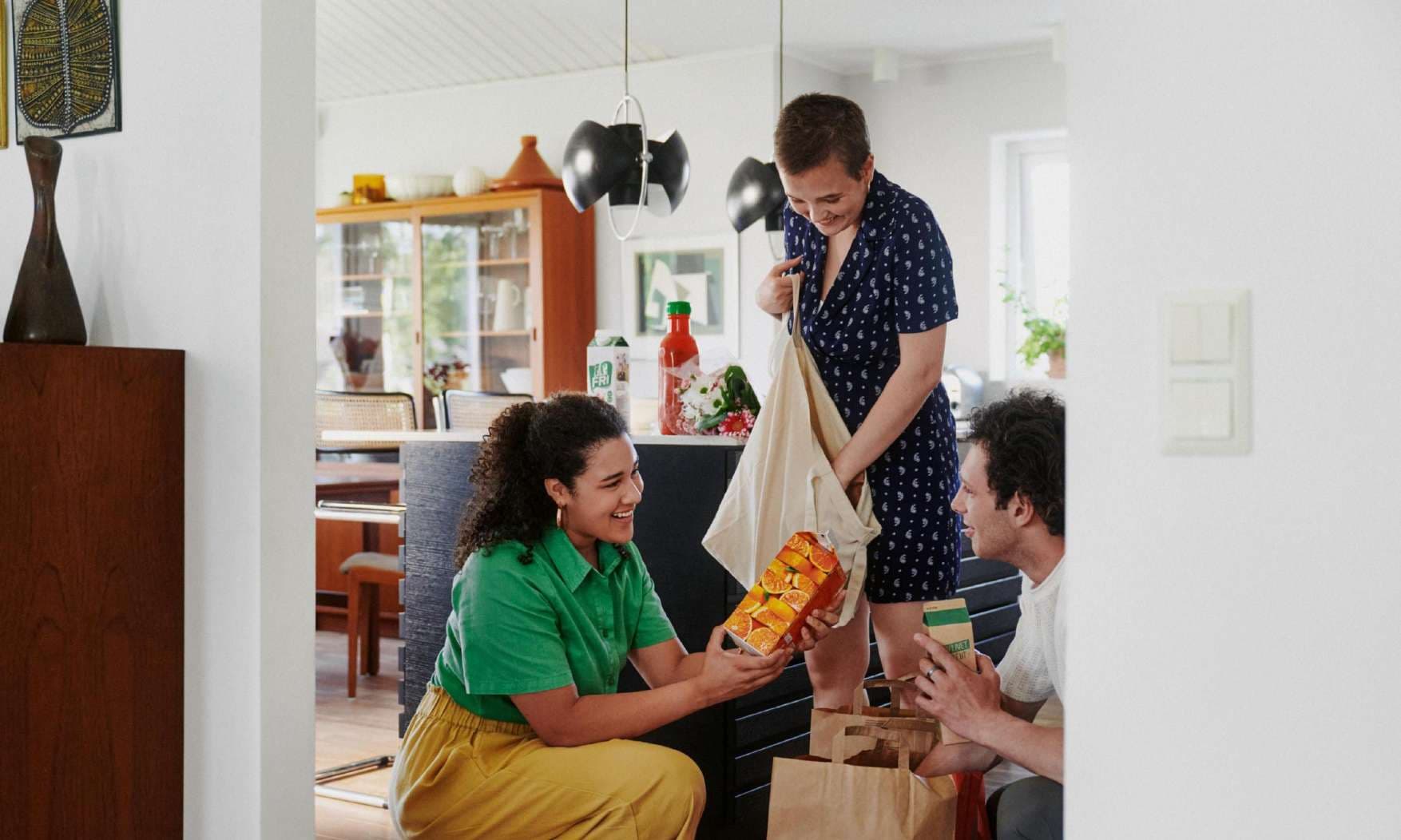 Roommates unpacking grocery bags at home